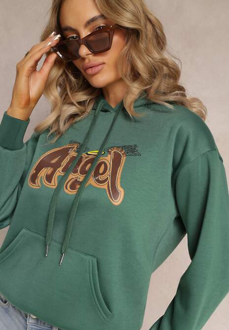 Ciemnozielona Ocieplona Bluza Kangurka z Nadrukiem Pralle