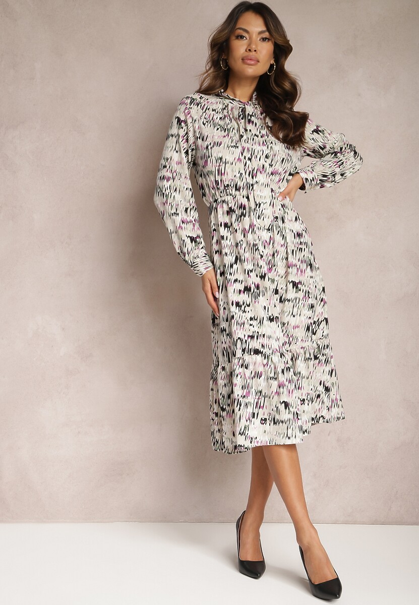 Ciemnobeżowa Rozkloszowana Sukienka Midi z Falbanką i Gumką w Talii Viglira