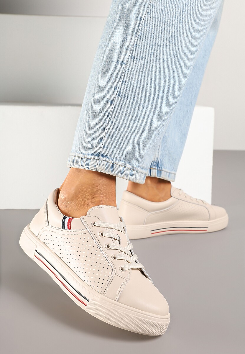 Beżowe Sneakersy Tenisówki ze Skóry Naturalnej Zdobione Perforacją Tillirene