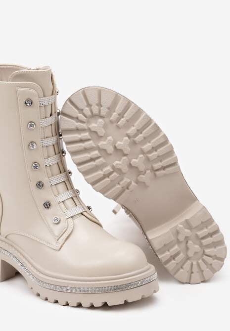 Beżowe Botki Workery na Platformie Ozdobione Cyrkoniami Zinetta