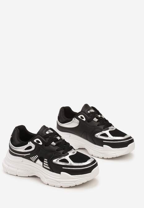 Czarne Sneakersy na Tłoczonej Podeszwie z Ozdobnymi Wstawkami Lanevi