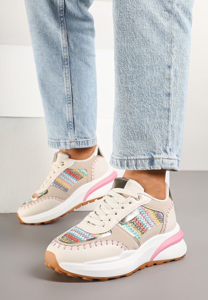 Beżowo-Różowe Sneakersy na Platformie ze Wstawkami z Plecionki Ninatia