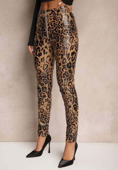 Brązowe Spodnie w Panterkę High Waist z Ekoskóry z Ozdobnym Suwakiem i Ociepleniem Ilanilith