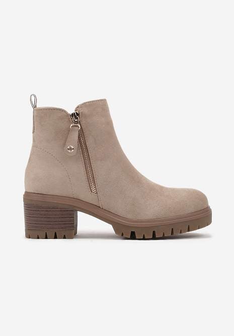 Beżowe Botki Sztyblety na Słupku Wykończone Ozdobnym Suwakiem Terillda