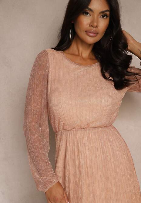 Szampańska Rozkloszowana Wiskozowa Sukienka z Metaliczną Nicią Melanissa