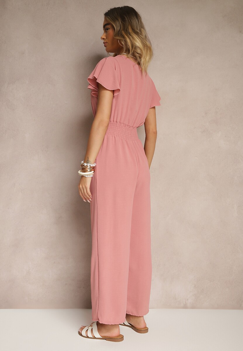 Różowy Kombinezon o Kopertowym Kroju z Gumką w Talii Martalia