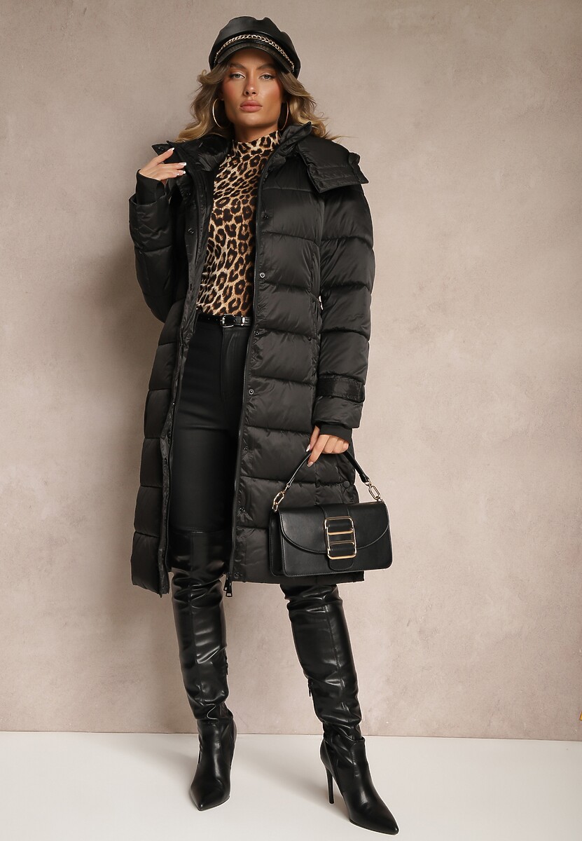 Czarna Pikowana Kurtka ZImowa z Eleganckim Paskiem Sadelara