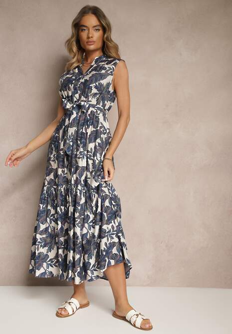 Niebieska Wiskozowa Sukienka o Rozkloszowanym Kroju Bez Rękawów z Wiązaniem Revalisse