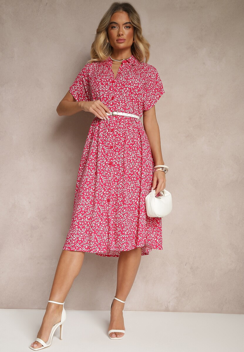 Fuksjowa Koszulowa Sukienka z Bawełny w Kwiaty o Rozkloszowanym Fasonie Sarilon