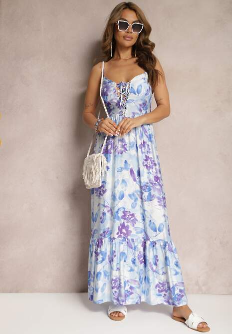 Niebieska Sukienka o Rozkloszowanym Fasonie w Kwiaty z Bawełny i Wiskozy Ozdobiona Wiązaniem na Dekolcie Nasima