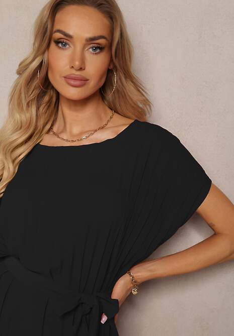 Czarna Casualowa Plisowana Sukienka Wiązana w Talii Paskiem Biozetta