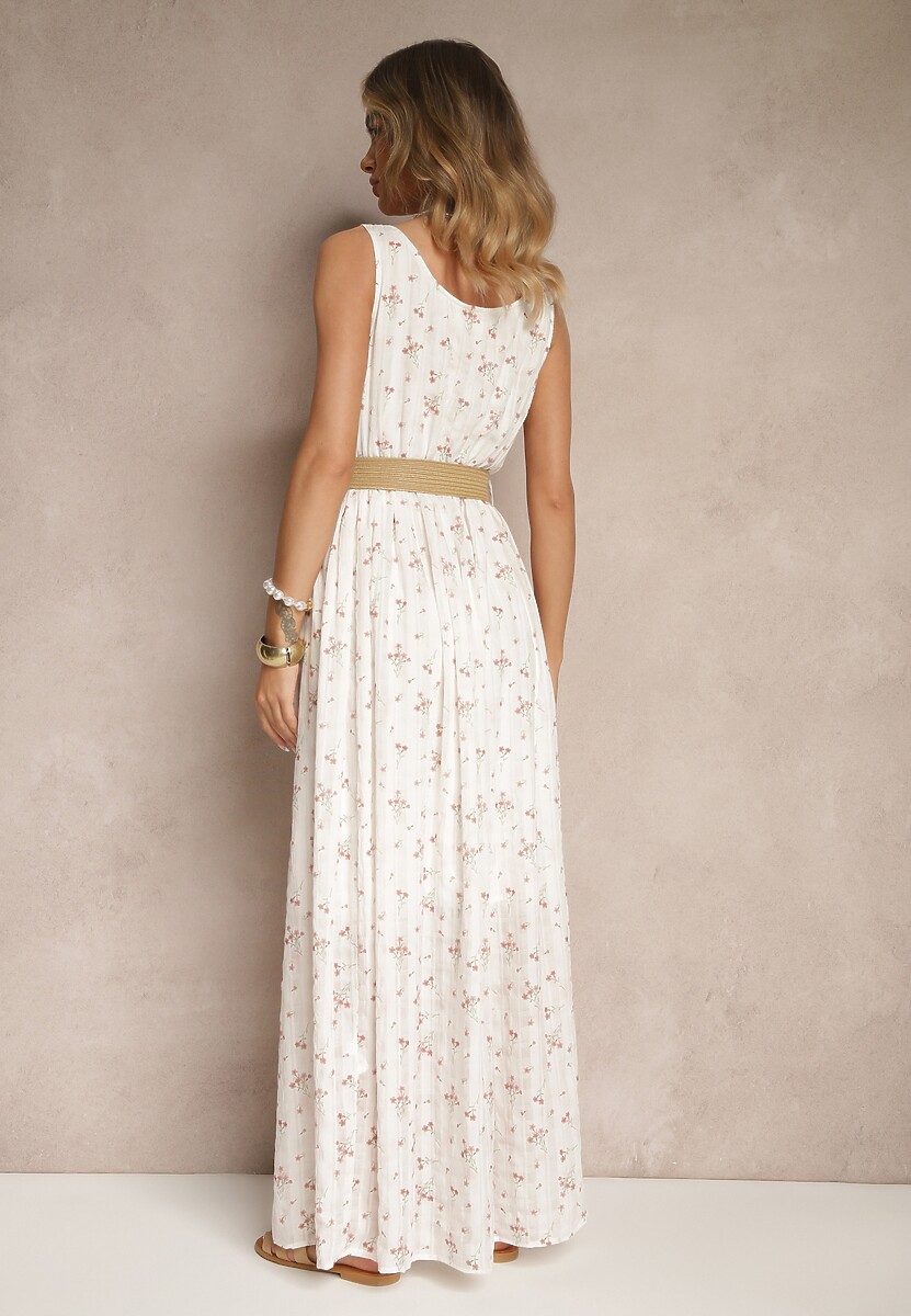 Biała Kwiatowa Sukienka o Rozkloszowanym Kroju z Paskiem z Plecionki Iffonvia