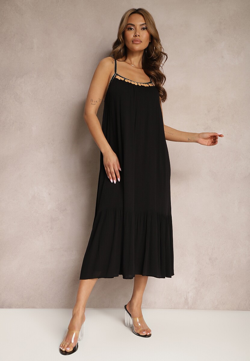 Czarna Sukienka z Wiskozy na Ramiączkach Zdobiona Cekinami i Metaliczną Nitką Beloe