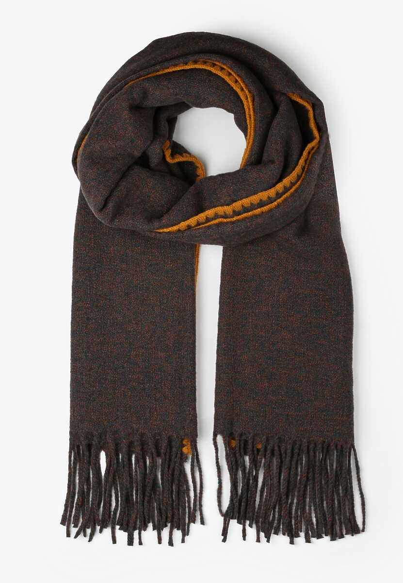 Granatowy Szalik z Haftem i Frędzlami Agnie