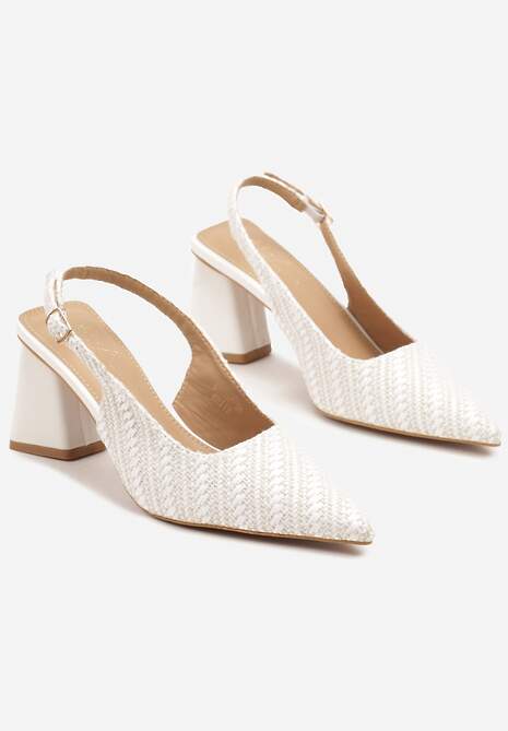 Białe Tweedowe Sandały Slingback na Słupkowym Obcasie Taslia