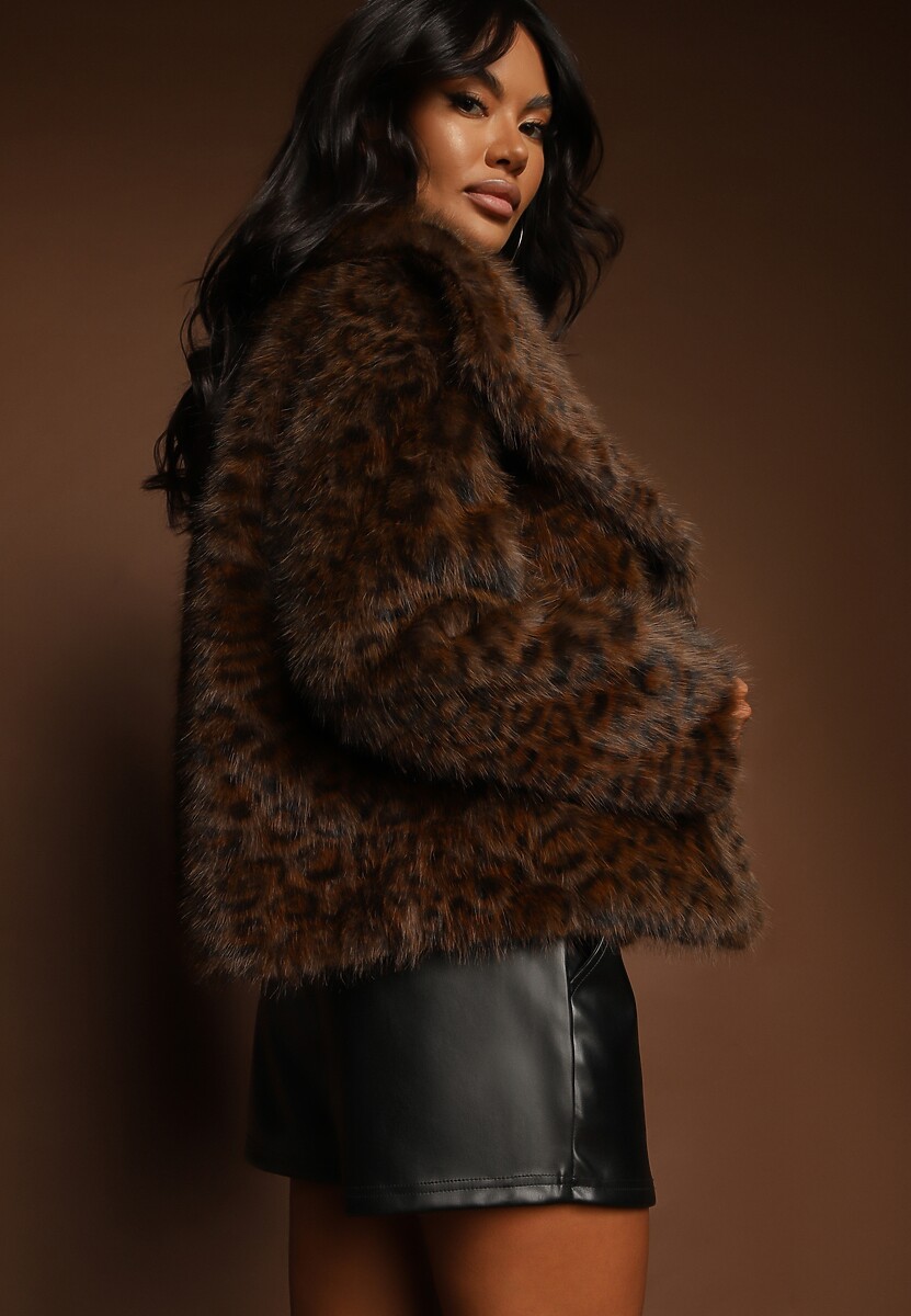 Brązowa Panterkowa Kurtka Futerko z Wsuwanymi Kieszeniami Neliven