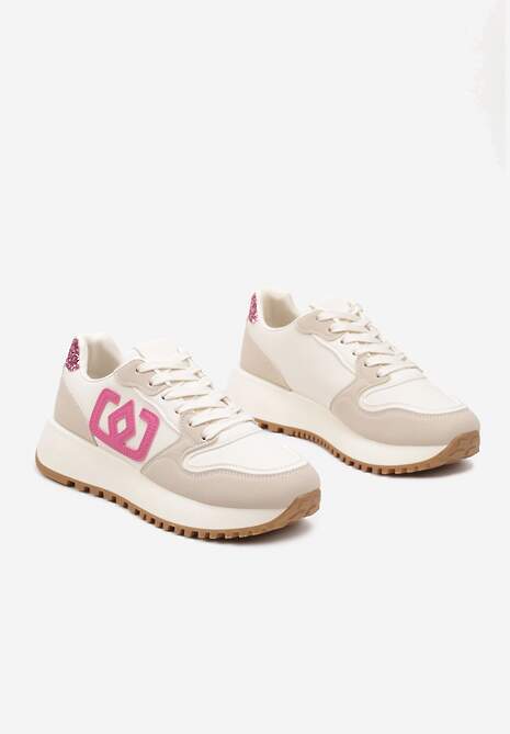 Beżowo-Różowe Sneakersy na Niskiej Platformie Zdobione Aplikacją Alimrela