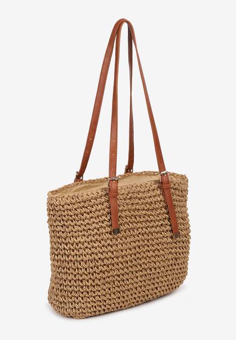 Ciemnobeżowa Duża Pleciona Torebka Wykończona Rączkami z Imitacji Skóry Carpinea