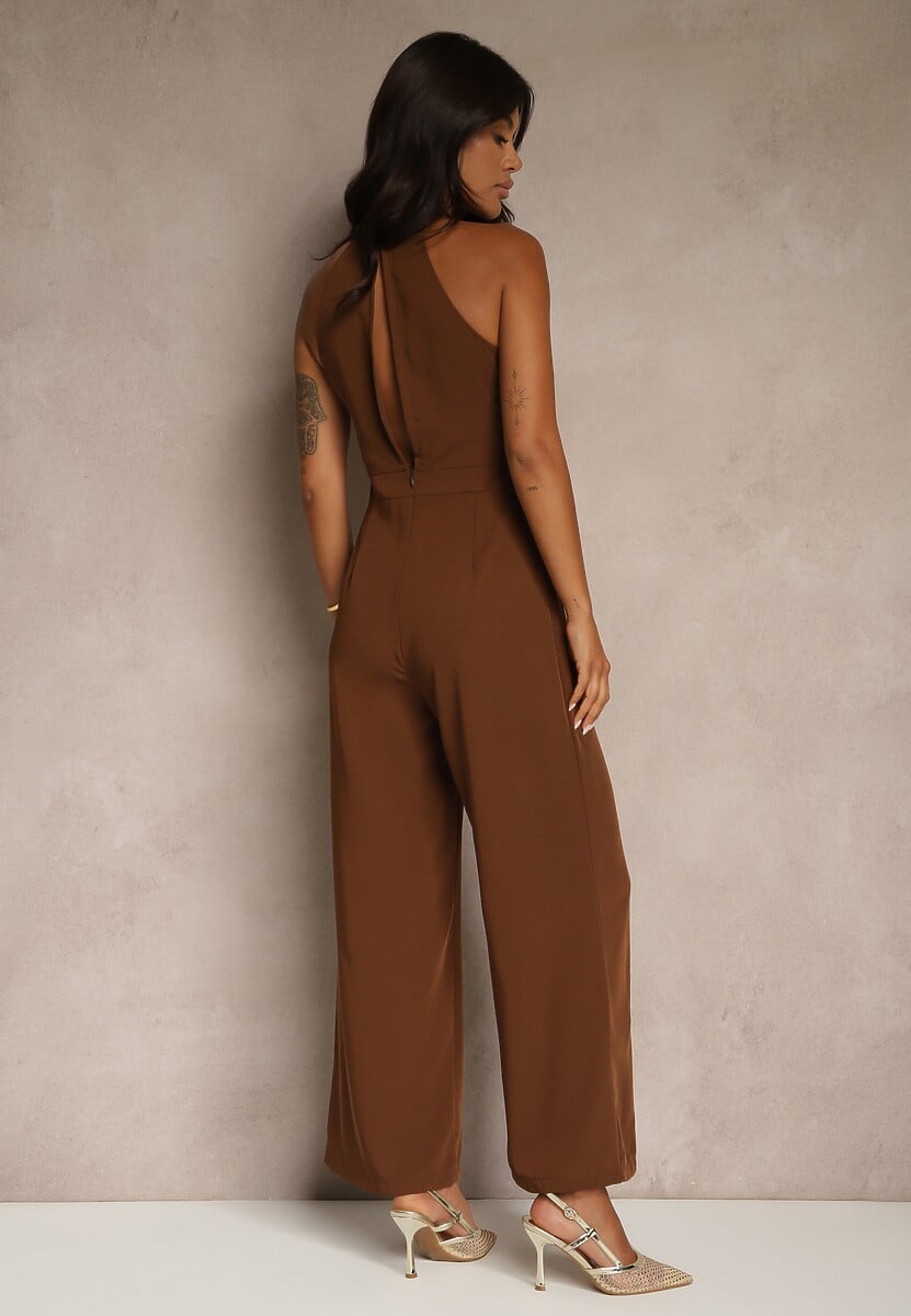 Brązowy Kombinezon Wide Leg z Ozdobnym Wiązaniem przy Szyi Silelia