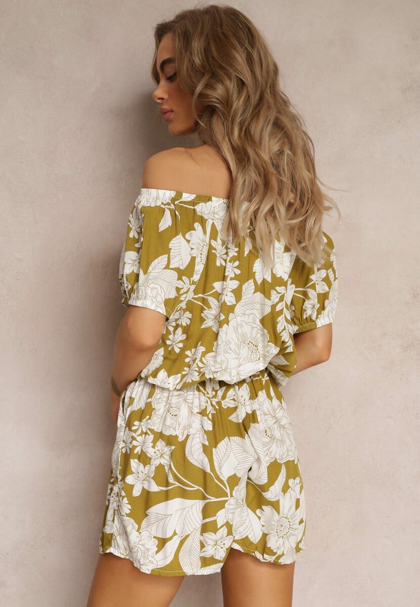 Zielony Krótki Kombinezon z Wiskozy z Bufiastymi Rękawami Arenai