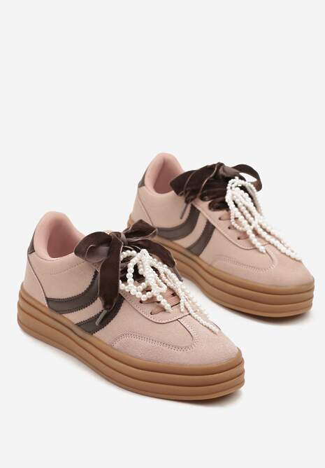Różowe Sneakersy Tenisówki na Tłoczonej Platformie Ozdobione Perłami Ashinne