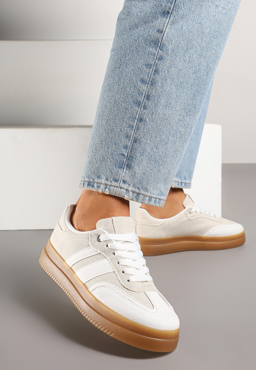 Biało-Beżowe Sneakersy Tenisówki Ozdobione Paskami Falaviela