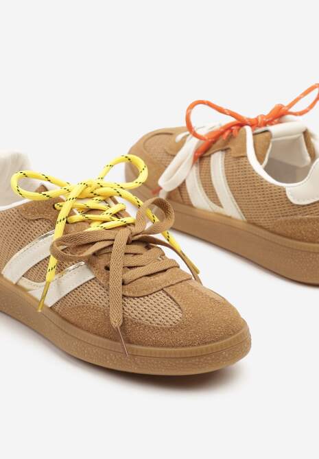 Brązowe Sneakersy z Geometrycznymi Paskami i Podwójnym Wiązaniem Florlevi