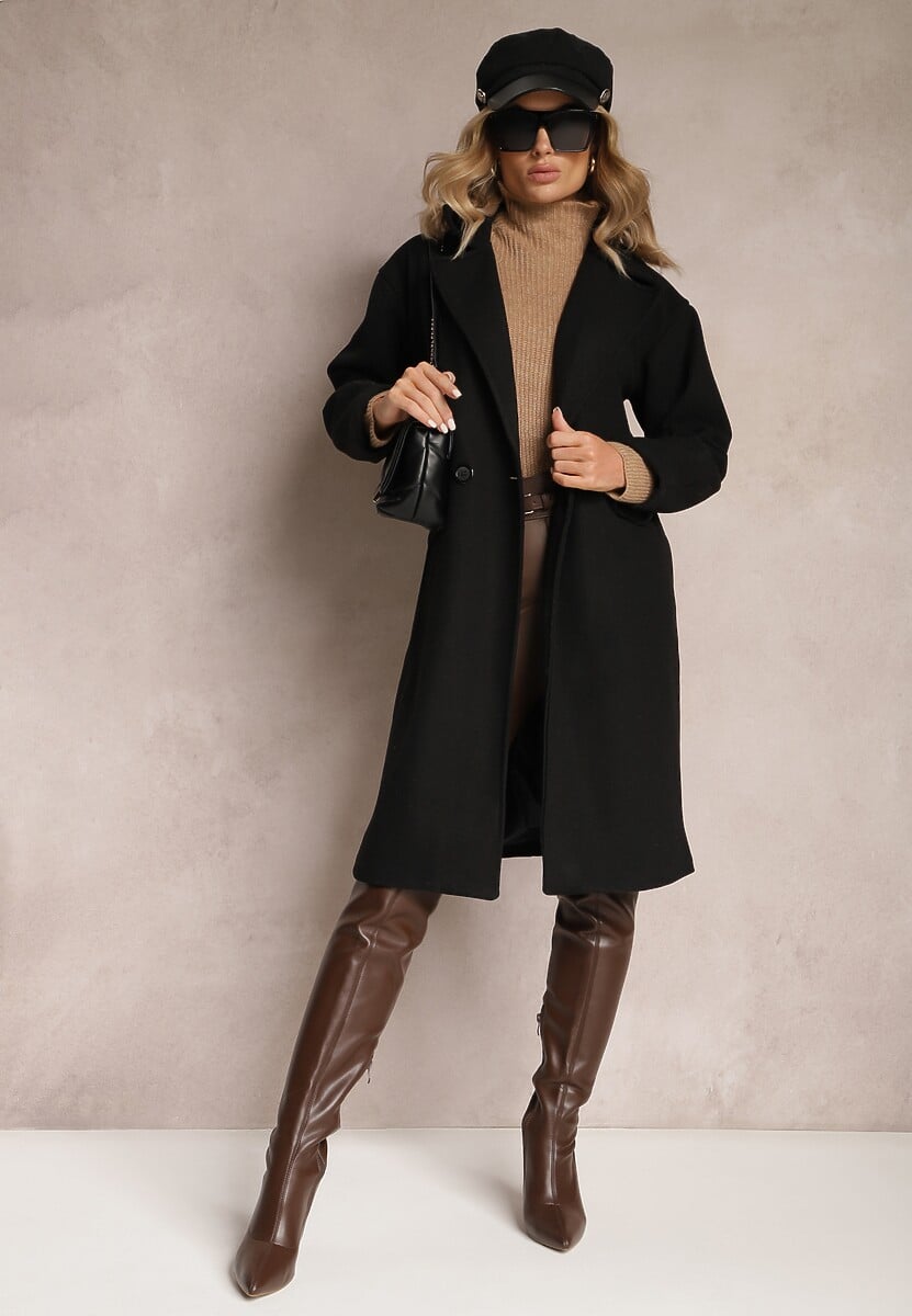 Czarny Płaszcz Dwurzędowy Długi Tadde