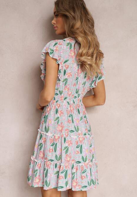 Miętowa Taliowana Sukienka z Wiskozy w Kwiaty Idotine