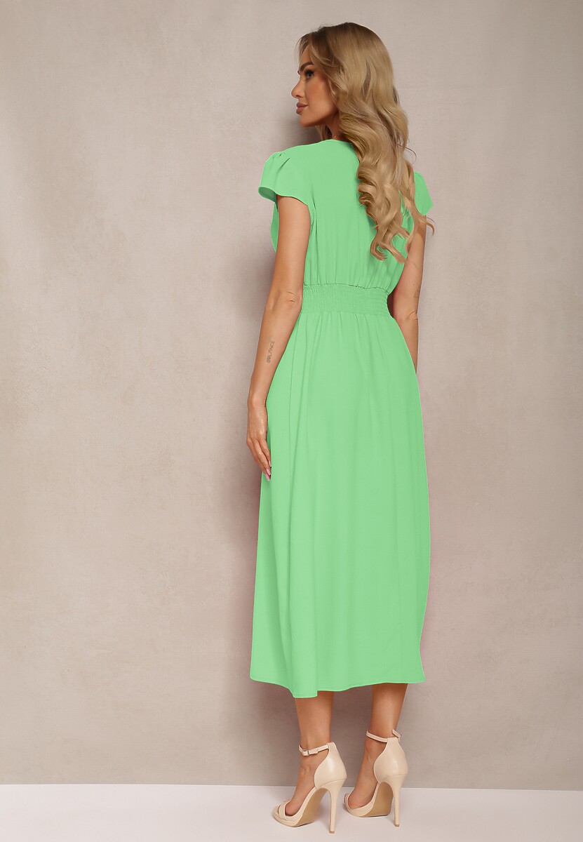 Zielona Sukienka o Rozkloszowanym Kroju z Gumką w Talii i Guzikami Ebiana