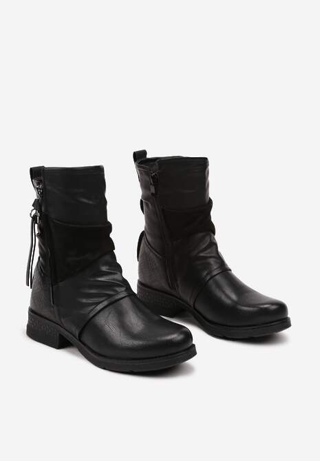 Czarne Eleganckie Botki z Dekoracyjnym Suwakiem i Marszczeniami przy Cholewce Rialeissa