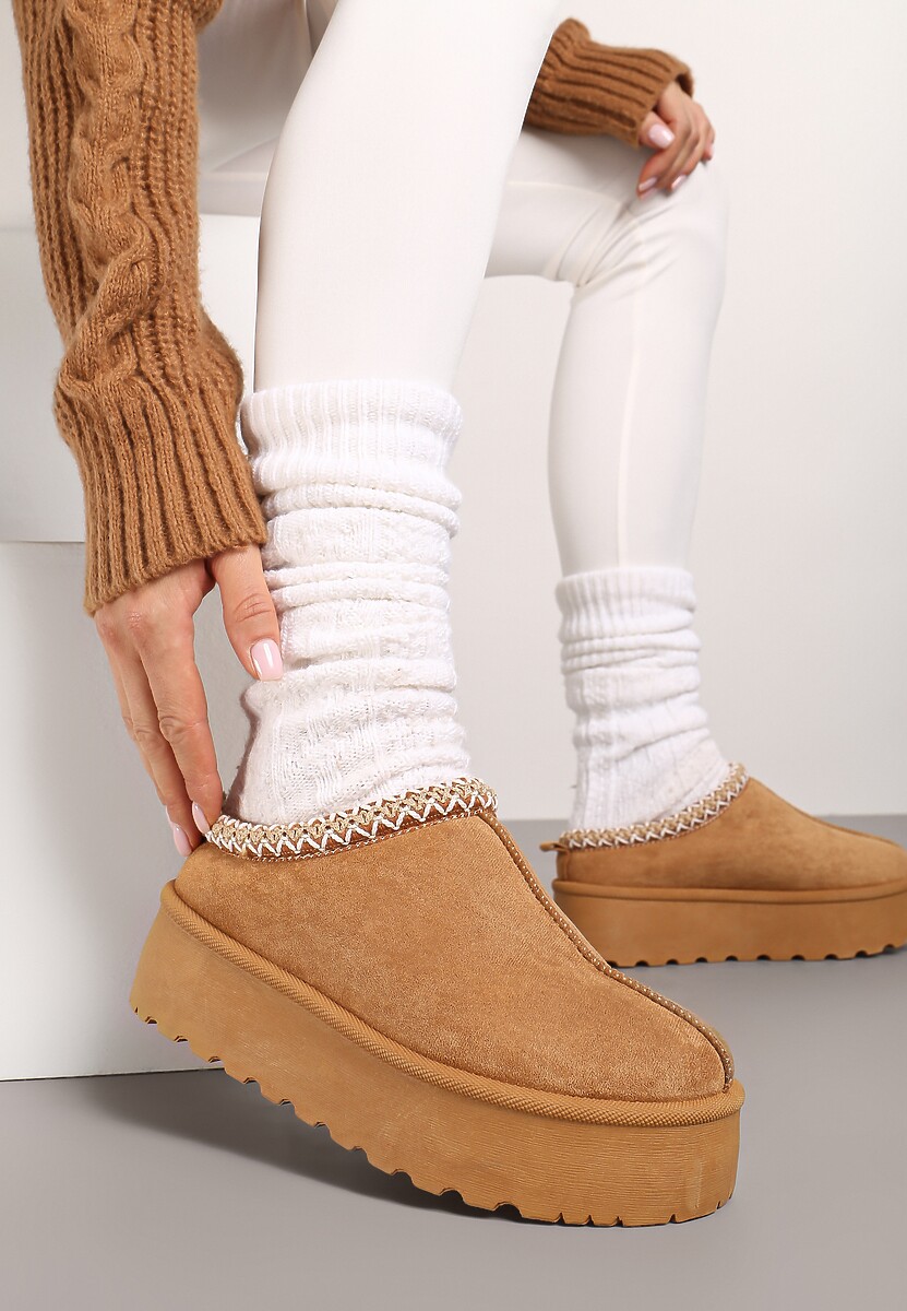 Brązowe Śniegowce na Platformie z Niską Cholewką i Haftowanym Wzorem Zivilae