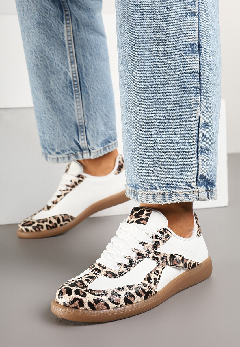 Panterkowo-Białe Sneakersy Klasyczne Tenisówki Zdobione Klamerką Senaniela