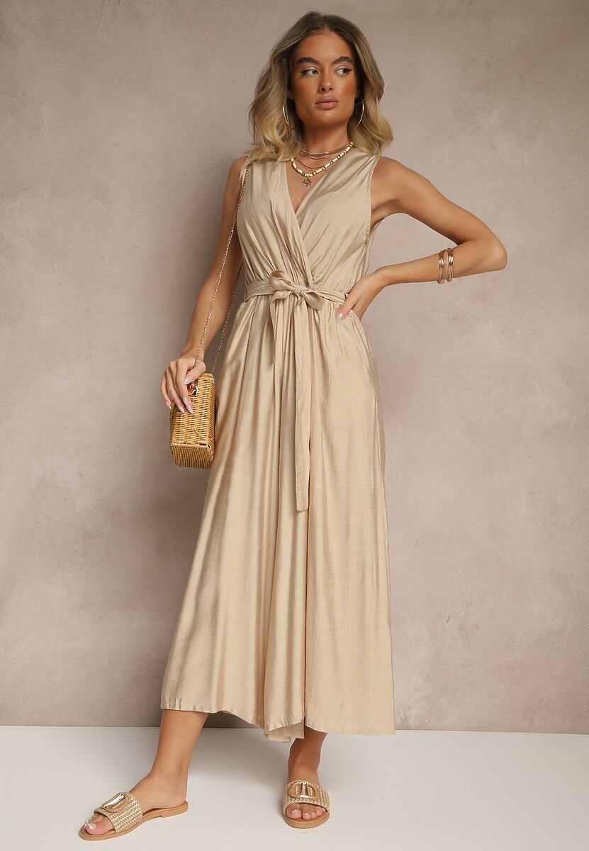 Beżowy Kombinezon Taliowany z Wiskozą Ozdobiony Paskiem Evintria