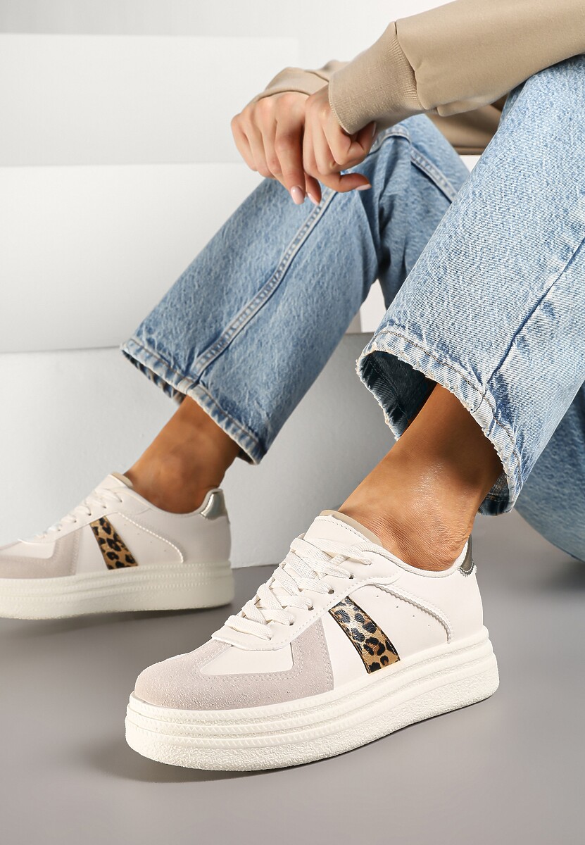 Beżowe Sneakersy na Platformie Ozdobione Paskami w Panterkę ze Sznurowaniem Bormi