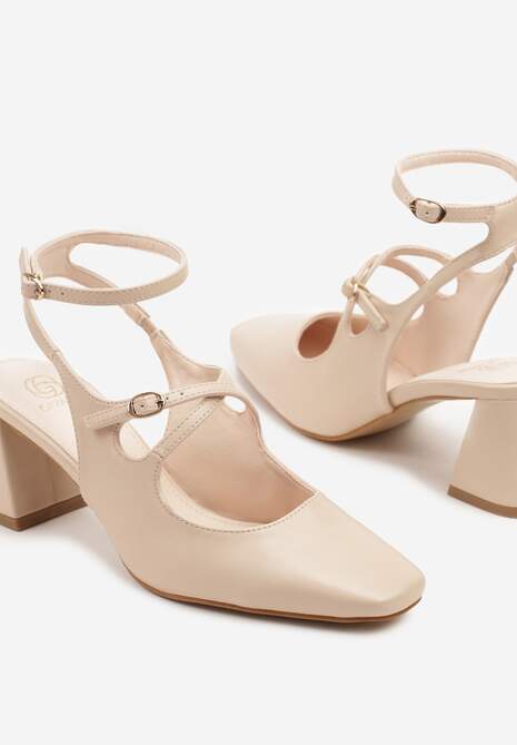Beżowe Sandały na Obcasie w Stylu Retro Mary Jane z Ozdobnymi Paskami Zenozi
