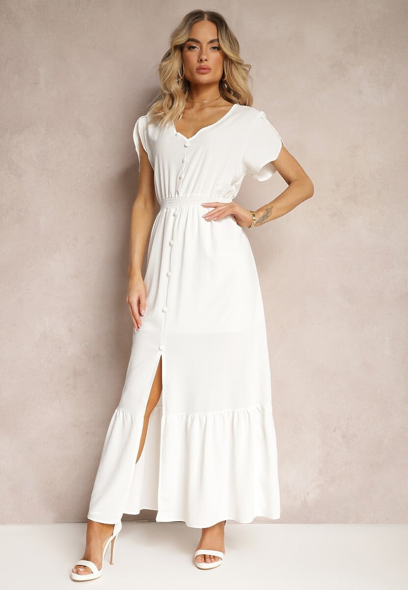 Jasnozielona Rozkloszowana Sukienka z Gumkami w Talii z Guzikami i Rozcięciem Gafia