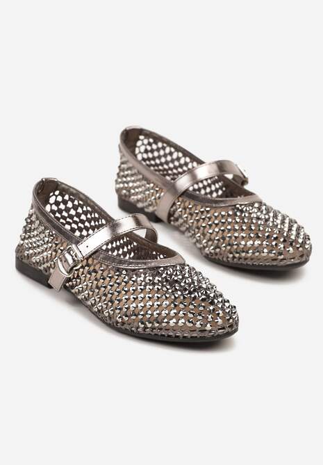 Srebrne Siateczkowe Balerinki z Paskiem z Błyszczącymi Cyrkoniami Lisabia