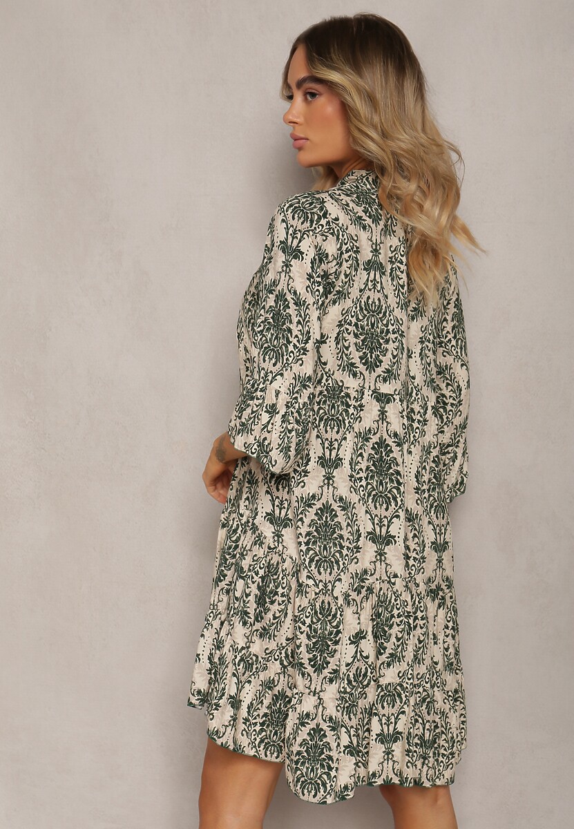 Zielona Sukienka z Bawełny o Rozkloszowanym Kroju Wykończona Falbanką Niloa