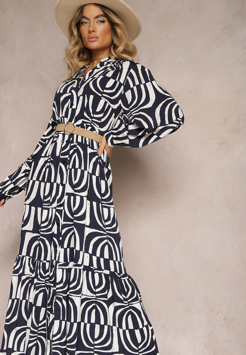 Granatowa Długa Sukienka Rozkloszowana w Geometryczne Wzory z Kołnierzykiem Skulle