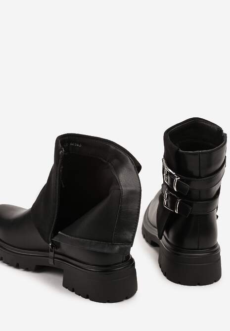 Czarne Botki Bikery z Wywiniętą Cholewką i Dwiema Klamrami Parotie