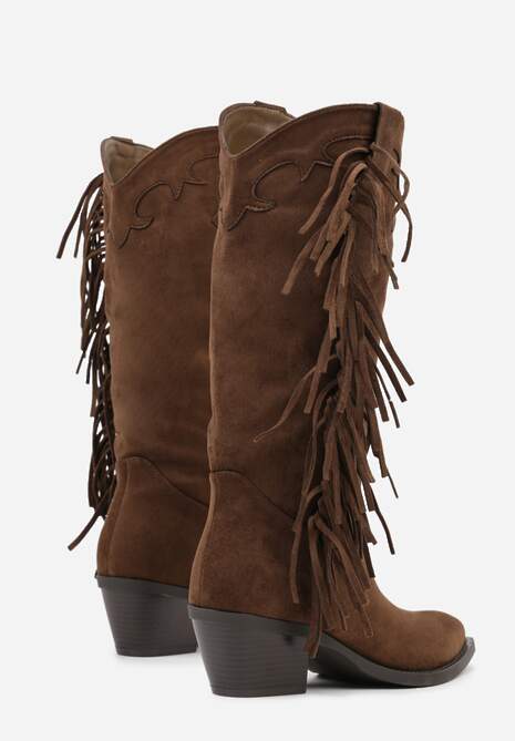 Brązowe Kozaki Kowbojki na Stożku Ozdobione Frędzlami Reianeva