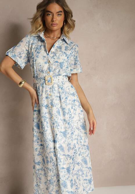 Jasnoniebieska Koszulowa Sukienka Zdobiona Haftem i Paskiem z Klamrą Redisina