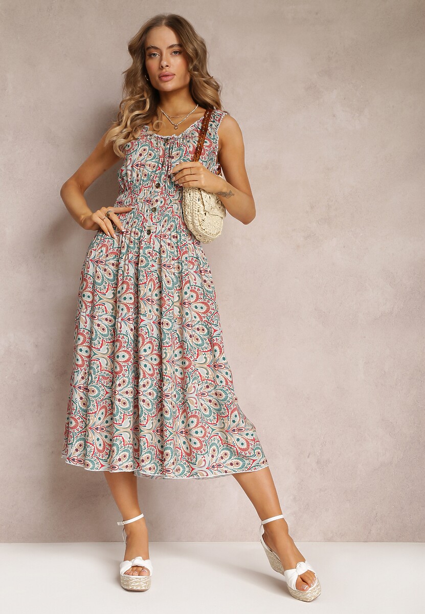 Niebieska Kwiecista Sukienka Midi z Cienkimi Gumkami w Talii i Falbankami Jallia