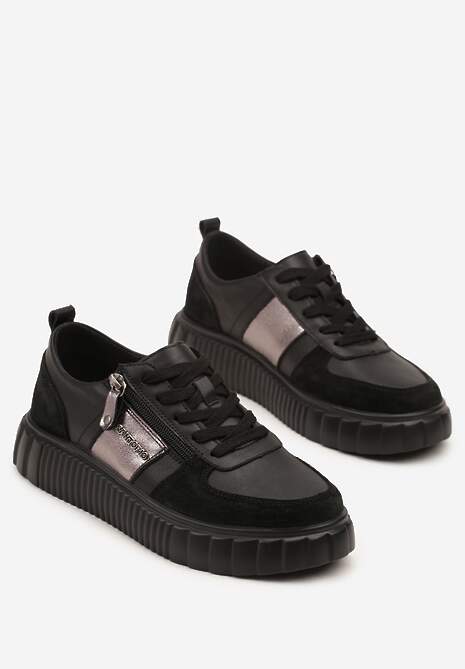 Czarne Sneakersy ze Skóry Naturalnej z Metalicznym Zdobieniem Zorentee