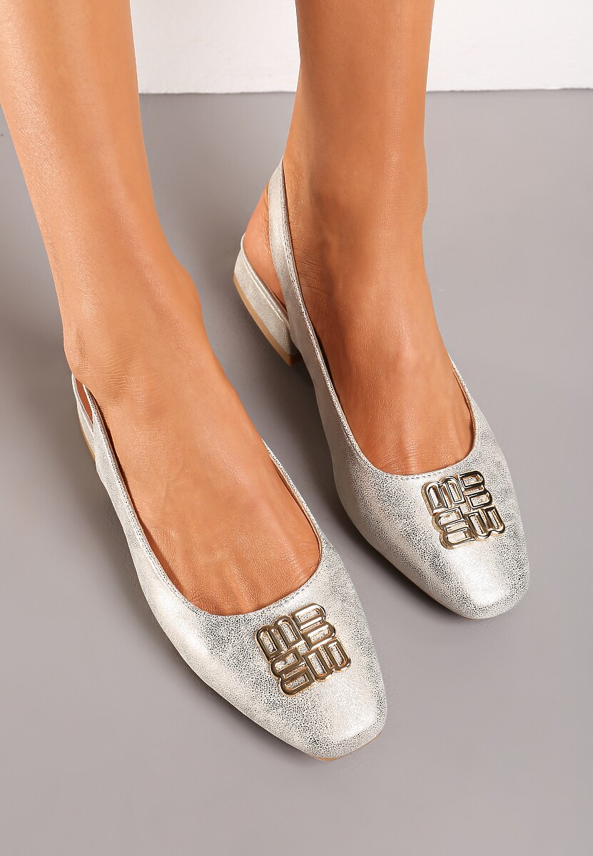 Złote Czółenka bez Pięty na Niewysokim Obcasie ze Skórzaną Wkładką Ithil