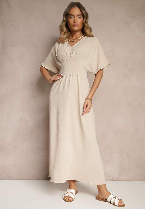 Jasnobeżowa Sukienka o Rozkloszowanym Kroju z Gumką w Talii Iffine