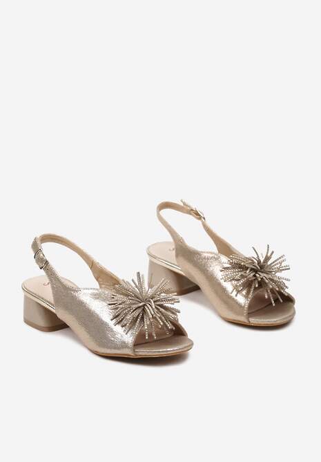 Złote Sandały Vices na Słupku ze Skórzaną Wkładką z Pomponem i Cyrkoniami Tiraga