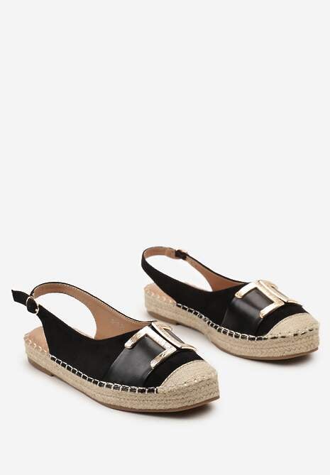 Czarne Sandały na Podeszwie z Plecionki Ozdobione Sprzączką i Metaliczną Klamrą Asdia