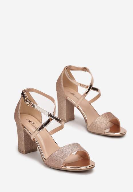 Szampańskie Brokatowe Sandały na Obcasie ze Sprzączką Marged